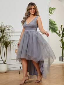 Plus Plunging Neck High Low Hem Mesh Cocktail Dress - Light Grey - View 4