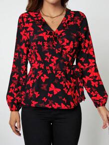 SHEIN Clasi 通體印花荷葉邊燈籠袖打結側裹式襯衫 - 彩色 - 查看 4