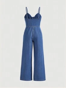 SHEIN MOD Tie Front Cami Denim Jumpsuit - Medium Wash - View 2
