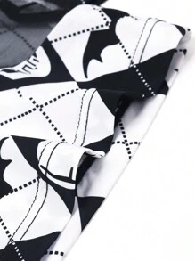 Men Checker & Bat Print Contrast Mesh One Piece Loungewear, Halloween - Black and White - View 4