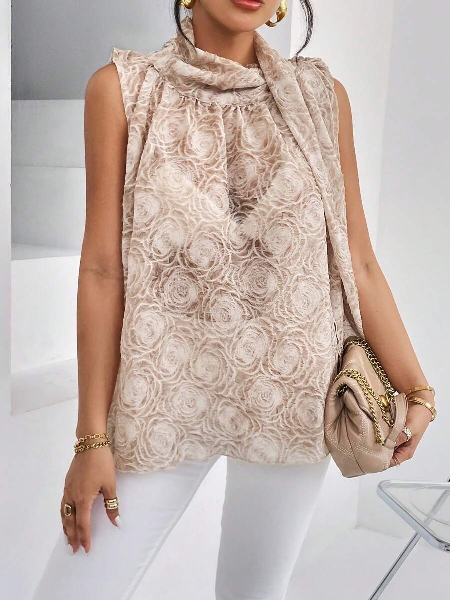 SHEIN Privé Hoa Dệt hoa Áo cổ bò Áo sơ mi - Màu Khaki - Xem 1