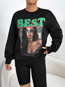 Letter & Figure Graphic Drop Shoulder Sweatshirt - Black - View 4