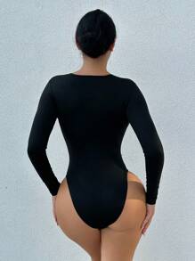 Zolique Plunging Neck Slim Fit Bodysuit Fall Cloth For Women - Black - View 2