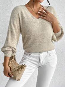 SHEIN Essnce V領落肩袖套頭毛衣 - 杏色 - 查看 5