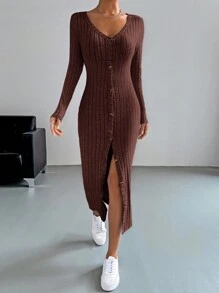 SHEIN EZwear Button Through Ribbed Knit Bodycon Dress - Coffee Brown - View 1