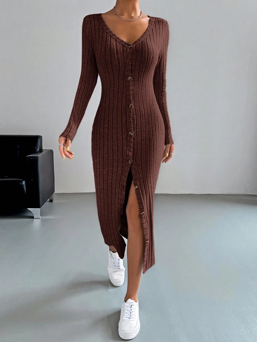 SHEIN EZwear Button Through Ribbed Knit Bodycon Dress - Coffee Brown - View 1
