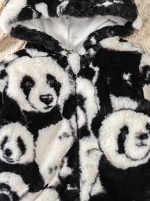 Baby Girl Panda Pattern Hooded Teddy Jacket - Khaki - View 4