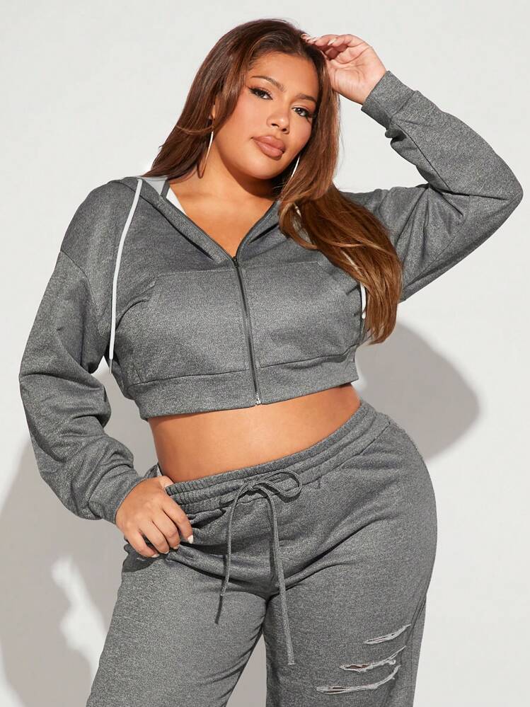 SHEIN SXY סווטשירט קצר עם רוכסן וגזרה נפתחת במידות גדולות - אפור כהה - ראה 5