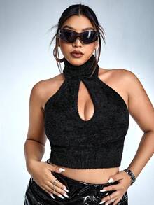 SHEIN ICON Hơn 	
Fuzzy Cắt ra Halter Neck Knit ngọn - màu đen - Xem 7