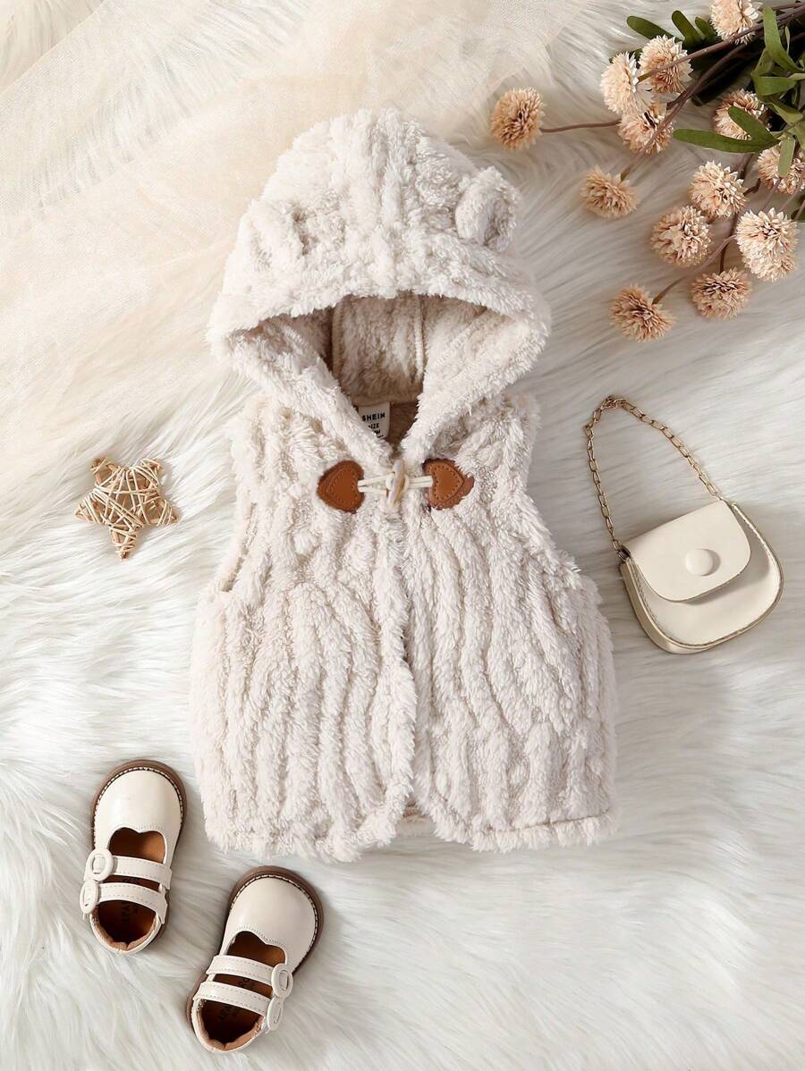 Baby Girls' Winter Vest Jacket, Teddy Ear Hooded Fleece Warm Outwear, Suitable For Both Boys And Girls, Casual, Comfortable, Stylish, Fashionable, Simple, Practical, Versatile, Soft And Comfortable, Mommy And Me Matching - Apricot - View 1