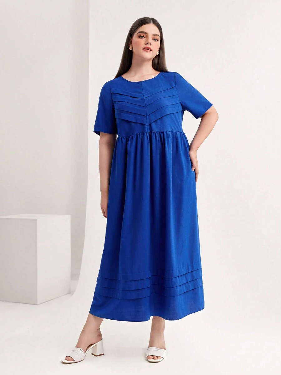 Mulvari 休閒褶邊 拉鍊純色加大洋裝 - 藍色 - 查看 1