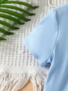 SHEIN Tween Girl Knitted Solid Color Jumpsuit, Short Sleeve, Casual Style, Light Blue, Spring/Summer - Baby Blue - View 3