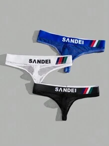 Men 3pcs Letter Graphic Mesh Thongs Sexy Underwear - Multicolor - View 3