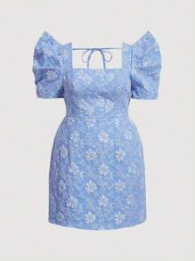 SHEIN MOD Taglie Forti Abiti floreale jacquard collo quadrato con manica a sbuffo con nodo dietro - Blu - Visualizzare 1