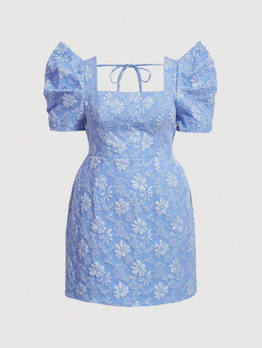 SHEIN MOD Taglie Forti Abiti floreale jacquard collo quadrato con manica a sbuffo con nodo dietro - Blu - Visualizzare 1