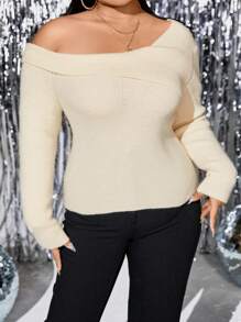 SHEIN Unity Pull asymétrique à col plissé en tricot côtelé, pull-over tricoté pour l'automne et l'hiver - Beige - Voir 3