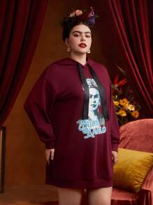 Frida Kahlo X SHEIN Đầm nỉ dáng rộng, có dây rút, in hình khẩu hiệu và khẩu hiệu. - Đỏ - Xem 5