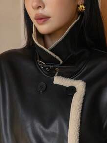 DAZY Abrigo de poliuretano con botones dobles y ribete de contraste, abrigo informal de mujer de invierno con cuello alto, hombros caídos y bolsillos, abrigo de mujer de color negro y bloque de color, ropa de mujer de invierno, chaqueta de mujer de invierno, ropa de mujer de otoño, forro polar