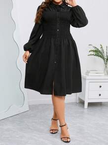 SHEIN Clasi Plus Solid Button Front Shirred Shirt Dress