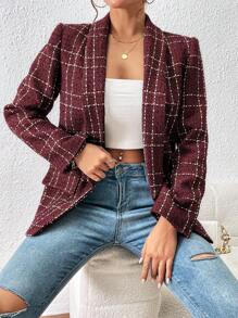 SHEIN Frenchy Kẻ sọc Khăn quàng Mở Mặt trước Áo vest - Đỏ - Xem 6