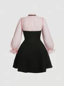 SHEIN MOD 加大號對比網紗擴口袖系領連衣裙,透視設計 - 黑色 - 查看 2