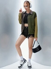 SHEIN Unity 撞色拉鏈開襟落肩袖夾克 - 軍綠色 - 查看 6