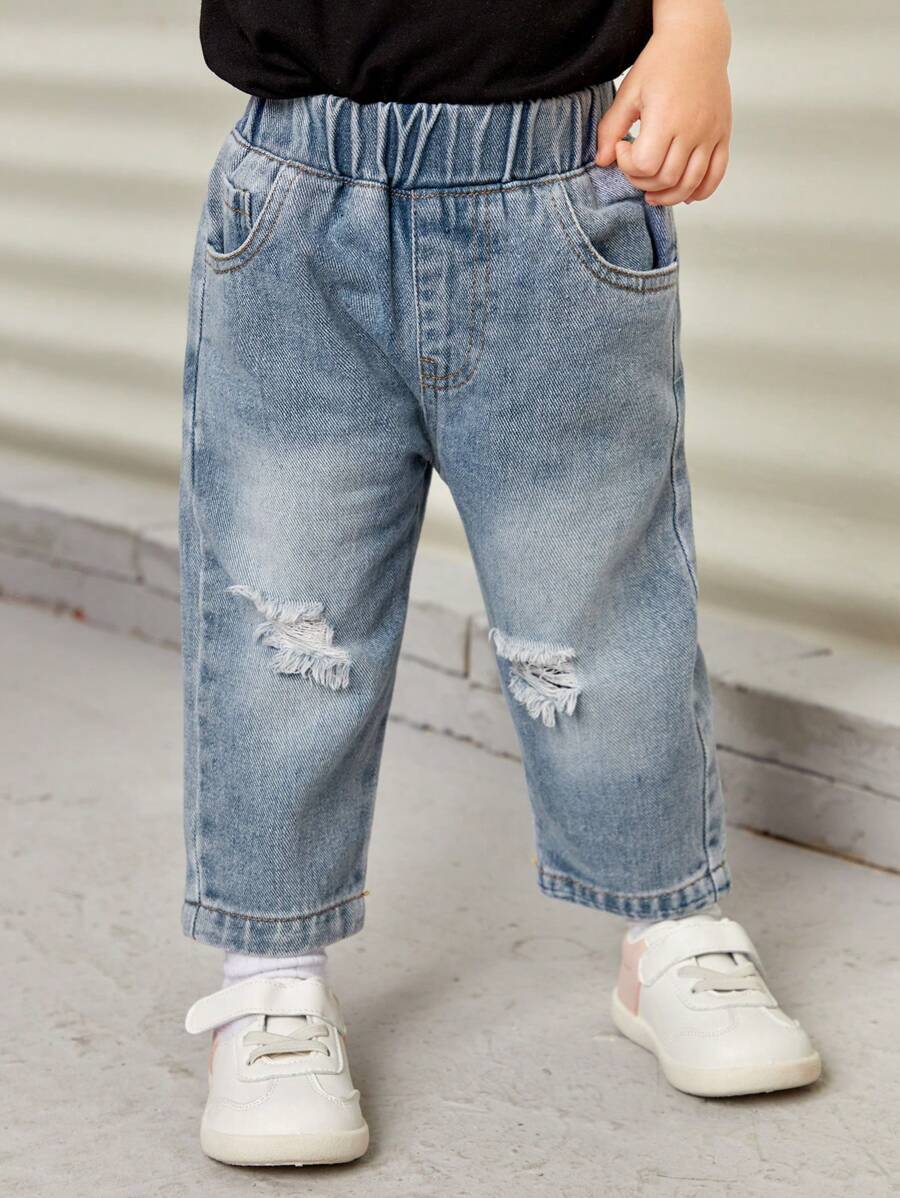 Baby Girl Elastic Waist Ripped Straight Leg Jeans - Light Wash - View 1