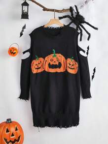 Young Girl Halloween Party Pattern Cold Shoulder Distressed Sweater Dress,Perfect For Autumn And Winter - Black - View 1