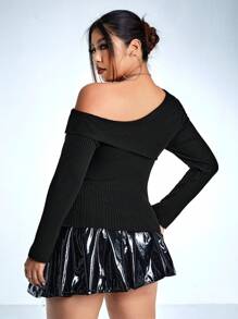 SHEIN ICON Talla grande Jersey de cuello asimétrico tejido de canalé - Negro - Ver 6