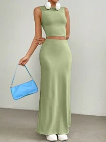 Muchica Solid Crop Tank Top & Skirt - Green - View 1