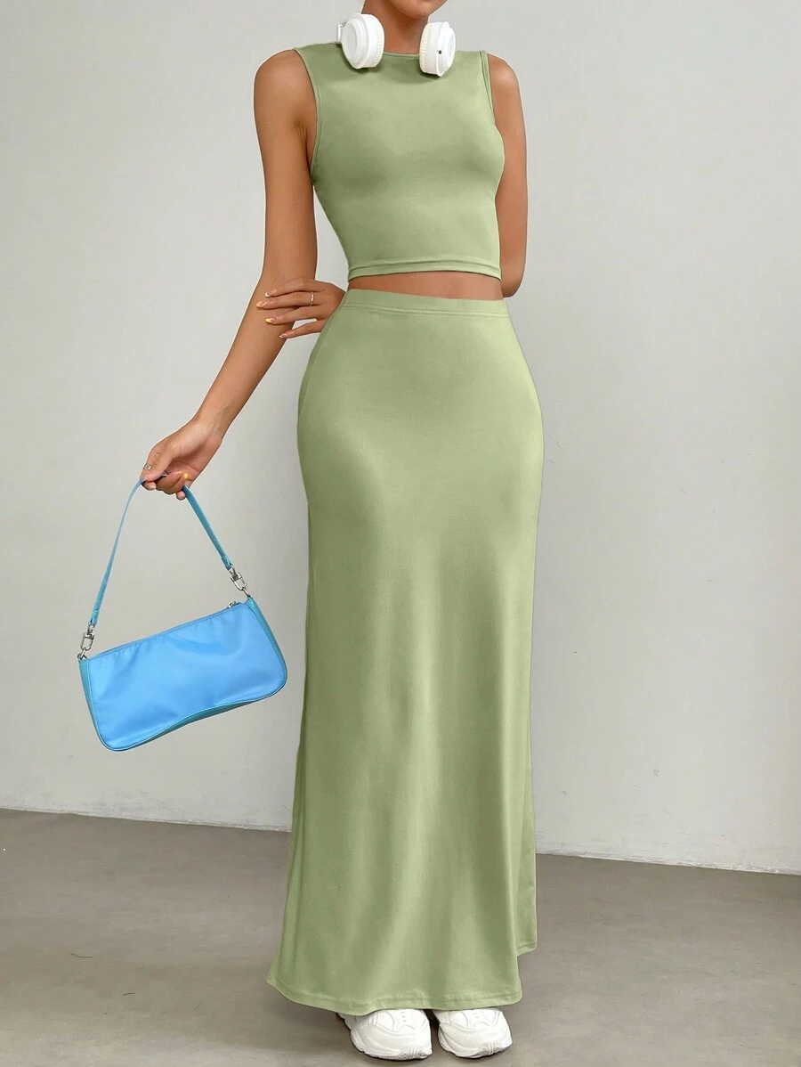 Muchica Solid Crop Tank Top & Skirt - Green - View 1