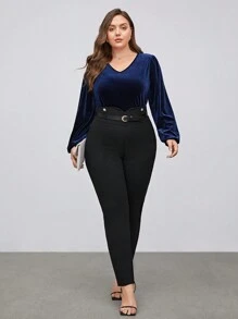 BizChic Plus V Neck Lantern Sleeve Velvet Tee - Navy Blue - View 10