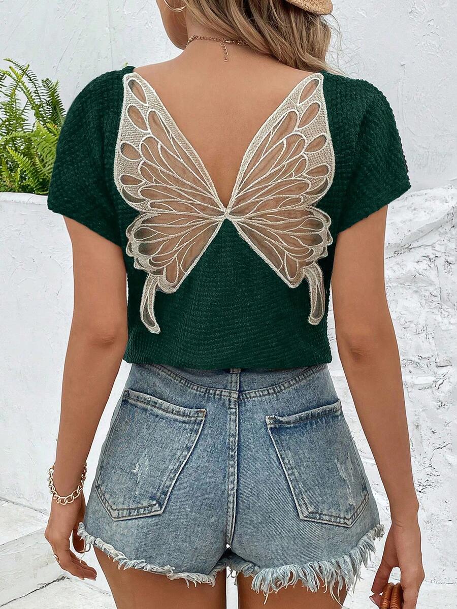 SHEIN VCAY Butterfly Embroidery Back Contrast Mesh Batwing Sleeve Tee