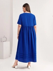 Mulvari 休閒褶邊 拉鍊純色加大洋裝 - 藍色 - 查看 5