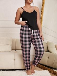 Plus Plaid Print Tie Waist PJ Set / Pajama Set Lounge Wear Womenloungewear Women - Multicolor - View 3
