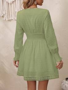 SHEIN VCAY Chấm Swiss Chèn ren Guipure Tay áo lồng đèn Đầm - màu xanh lá - Xem 2