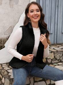 Women's Casual Basic Teddy Fur Sleeveless Jacket Vest, Autumn/Winter - Black - View 5