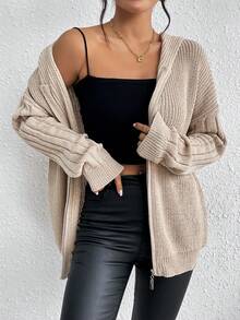 SHEIN Essnce Dây kéo Thả vai áo có mũ Áo len Mở - Màu be - Xem 4