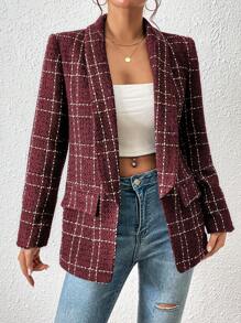 SHEIN Frenchy Kẻ sọc Khăn quàng Mở Mặt trước Áo vest - Đỏ - Xem 4