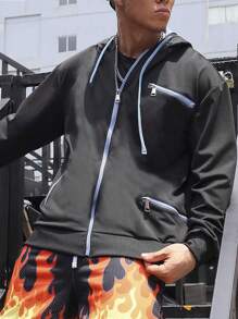 Manfinity Roghcode Chaqueta Para Hombre Con Capucha Y Cordón, De Ajuste Holgado Con Cierre De Cremallera