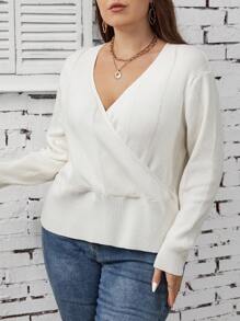 SHEIN LUNE 交叉休閒純色大碼套頭毛衣 - 白色 - 查看 4