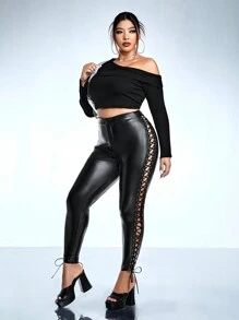 SHEIN ICON Plus Lace Up Side Patent Leggings - Black - View 3