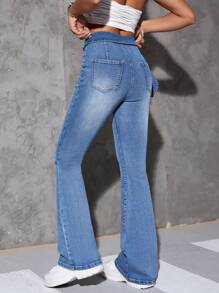 SHEIN EZwear Jeans de pierna amplia de talle alto con cinturón - Lavado ligero - Ver 2