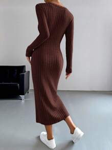 SHEIN EZwear Button Through Ribbed Knit Bodycon Dress - Coffee Brown - View 2