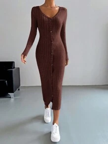 SHEIN EZwear Button Through Ribbed Knit Bodycon Dress - Coffee Brown - View 5
