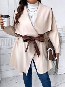 Celure 加瀑布領撞色綁帶束帶大衣 - 杏色 - 查看 1