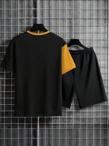 Manfinity Roughcore Hombres Shorts con camiseta con estampado de dibujos animados de color combinado - Amarillo - Ver 2