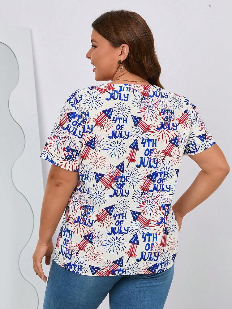 Plus Letter & Firework Print Button Front Blouse