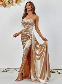Asymmetric Neckline Ruched High Slit Satin Formal Dress, Elegant Bridesmaid Dress - Champagne - View 5