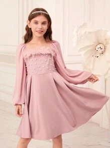 SHEIN 女大童毛茸邊珍珠串珠燈籠袖洋裝 - 粉色 - 查看 1